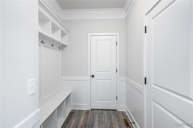 mudroom featuring crown molding and dark hardwood / wood-style flooring