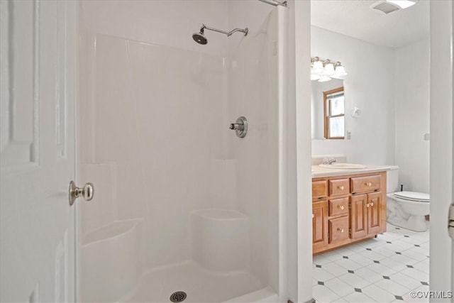 bathroom with a shower, toilet, and vanity