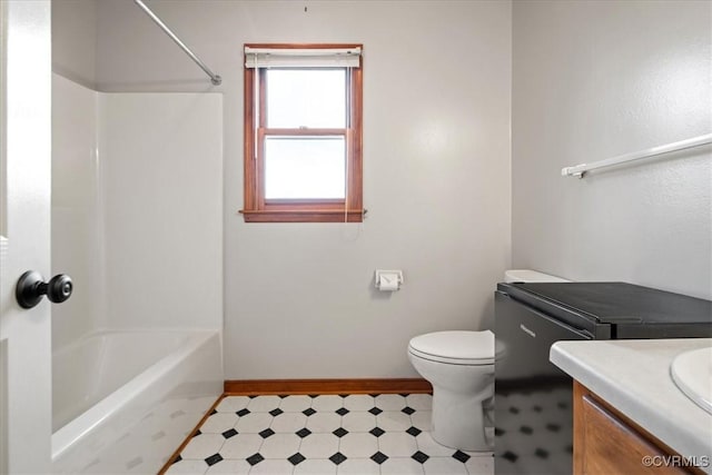 full bathroom with  shower combination, toilet, and vanity