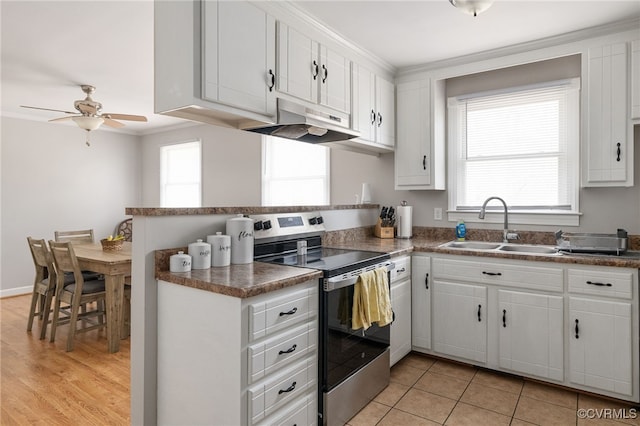 kitchen featuring ceiling fan, ornamental molding, sink, white cabinetry, and stainless steel electric stove