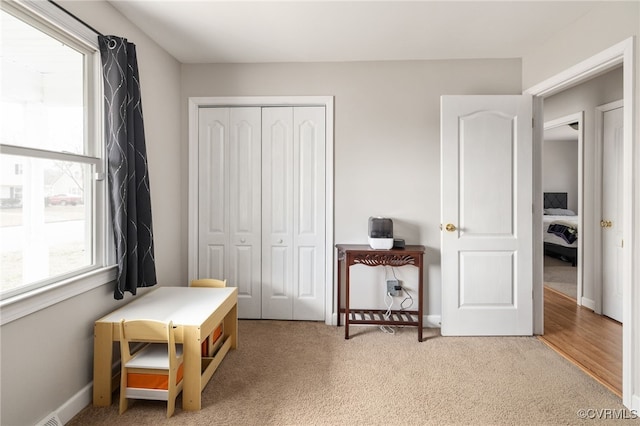 bedroom featuring carpet and a closet