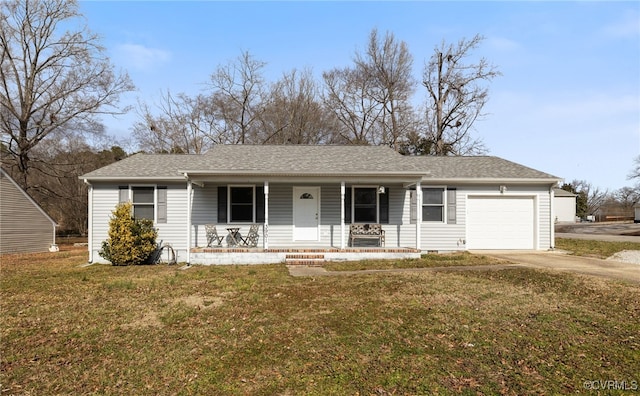 ranch-style house with a garage, a front lawn, and a porch