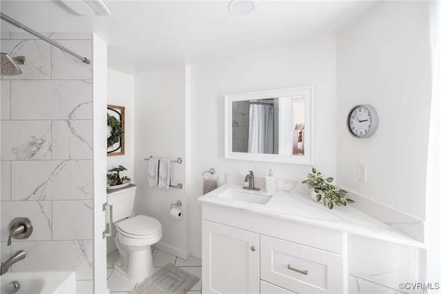 full bath featuring toilet, marble finish floor, shower / bath combination with curtain, and vanity