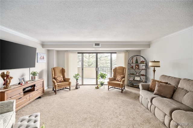 living room featuring light carpet, a textured ceiling, visible vents, and crown molding