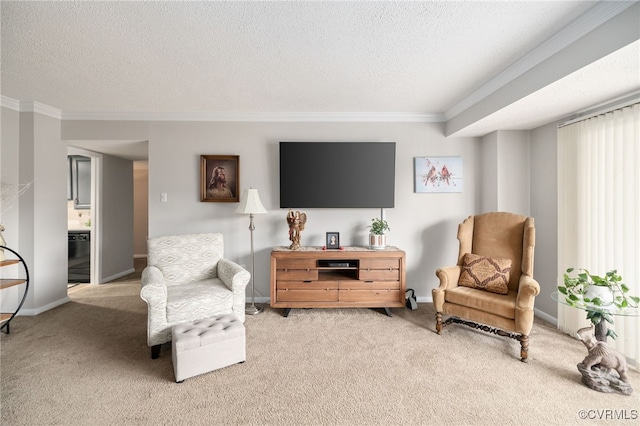 living area with carpet flooring, crown molding, a textured ceiling, and baseboards