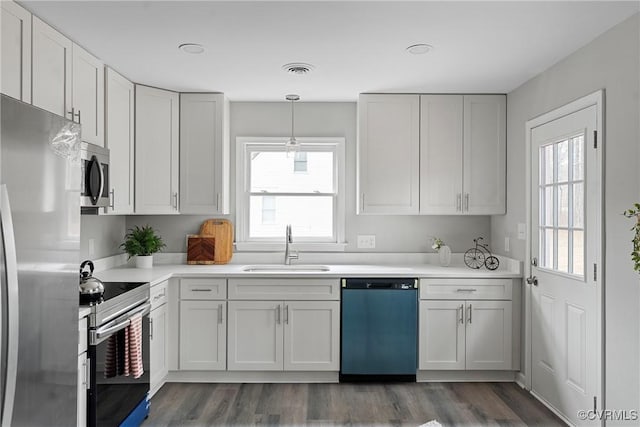 kitchen featuring stainless steel appliances, dark wood finished floors, a sink, and light countertops