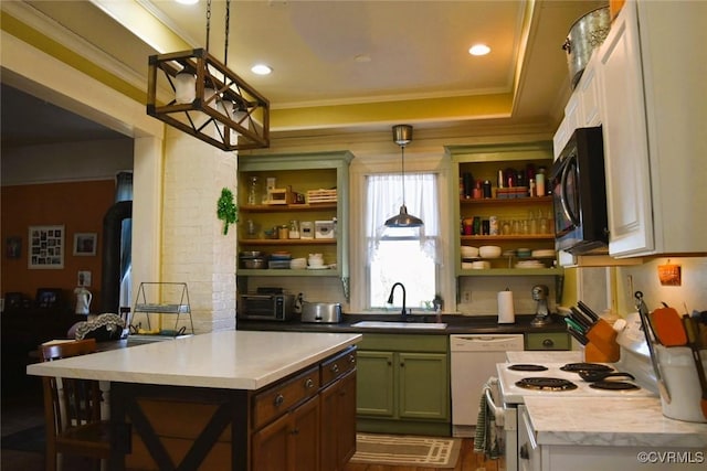 kitchen with pendant lighting, white appliances, a sink, and open shelves