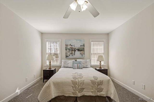 carpeted bedroom with baseboards and ceiling fan