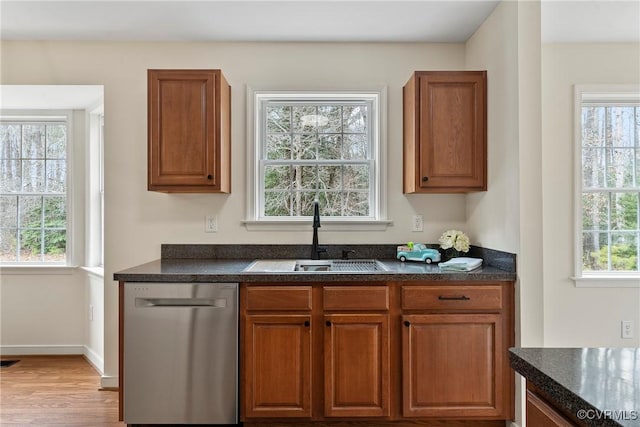 kitchen featuring sink, dishwasher, and light hardwood / wood-style flooring