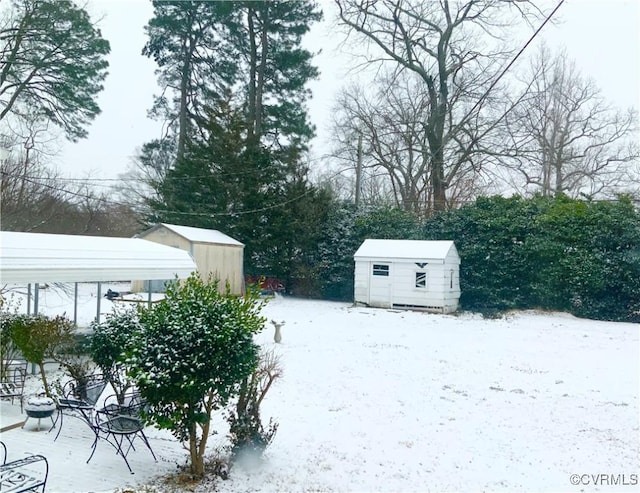 yard covered in snow featuring a storage unit