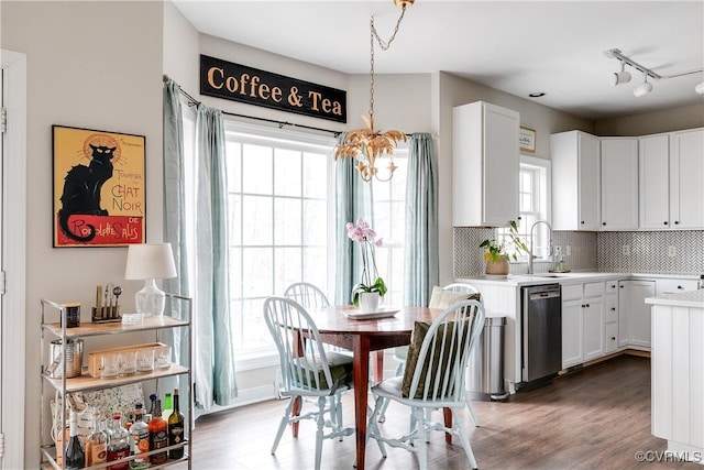 kitchen featuring white cabinetry, backsplash, stainless steel dishwasher, and dark wood-type flooring