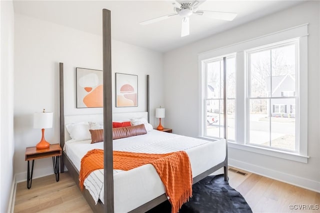 bedroom featuring light wood-type flooring and ceiling fan