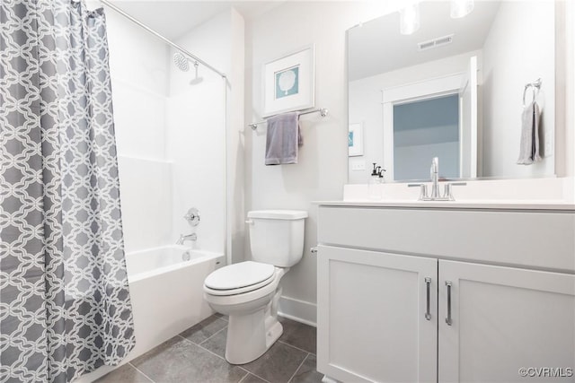 full bathroom with toilet, vanity, tile patterned flooring, and shower / bathtub combination with curtain