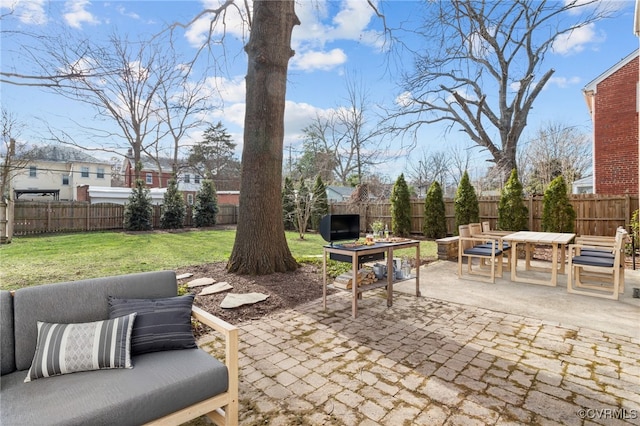 view of patio / terrace with a fenced backyard and outdoor lounge area