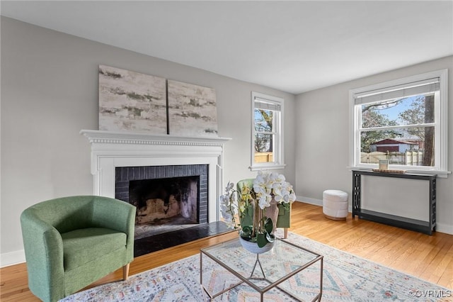 sitting room featuring a fireplace, baseboards, and wood finished floors