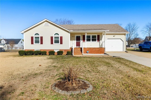 single story home featuring a porch, a front yard, and a garage