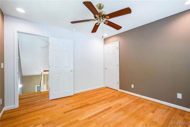 unfurnished bedroom featuring a ceiling fan, light wood finished floors, baseboards, and recessed lighting