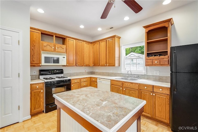 kitchen with a sink, a kitchen island, recessed lighting, white appliances, and open shelves