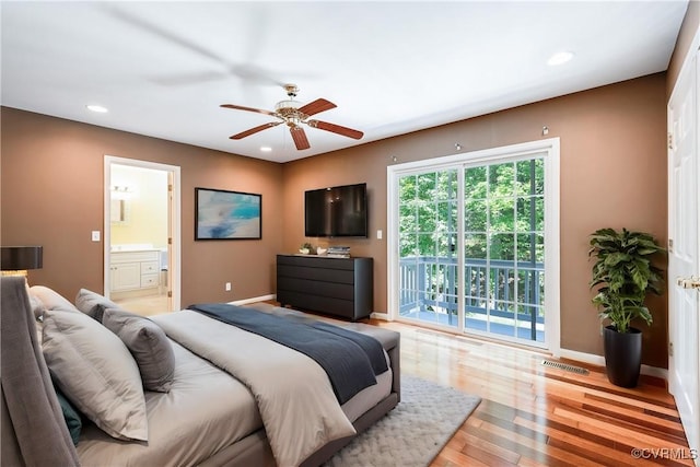 bedroom with visible vents, recessed lighting, access to outside, and light wood finished floors