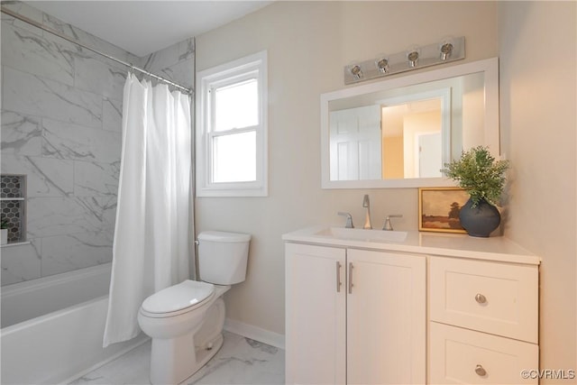 full bathroom with baseboards, toilet, marble finish floor, shower / bathtub combination with curtain, and vanity