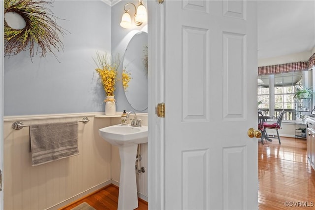 bathroom with wainscoting, a sink, and wood finished floors