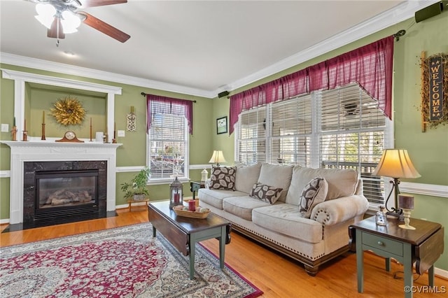 living area with crown molding, a premium fireplace, baseboards, and wood finished floors