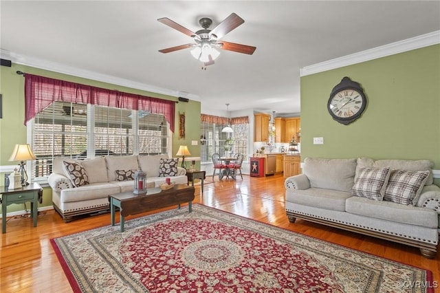 living area featuring light wood-style floors, ceiling fan, and ornamental molding