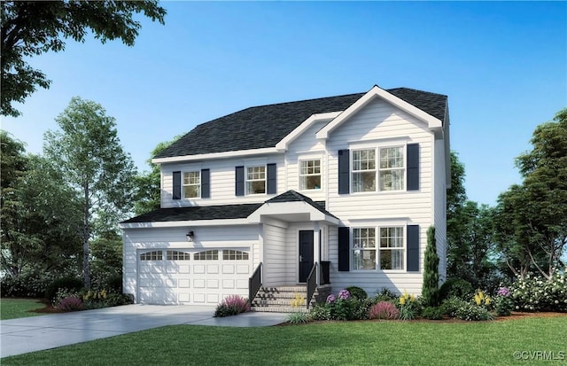 view of front of house featuring a garage, driveway, a front lawn, and roof with shingles