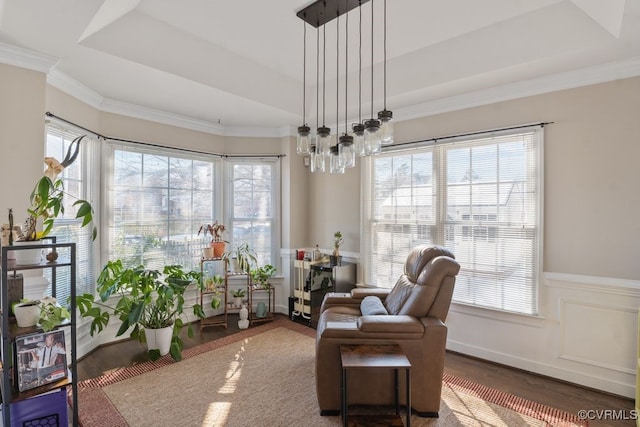 sitting room with dark wood-style flooring, wainscoting, a raised ceiling, and crown molding