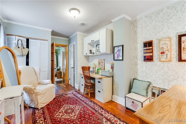 interior space featuring baseboards, ornamental molding, dark wood-style floors, and wallpapered walls