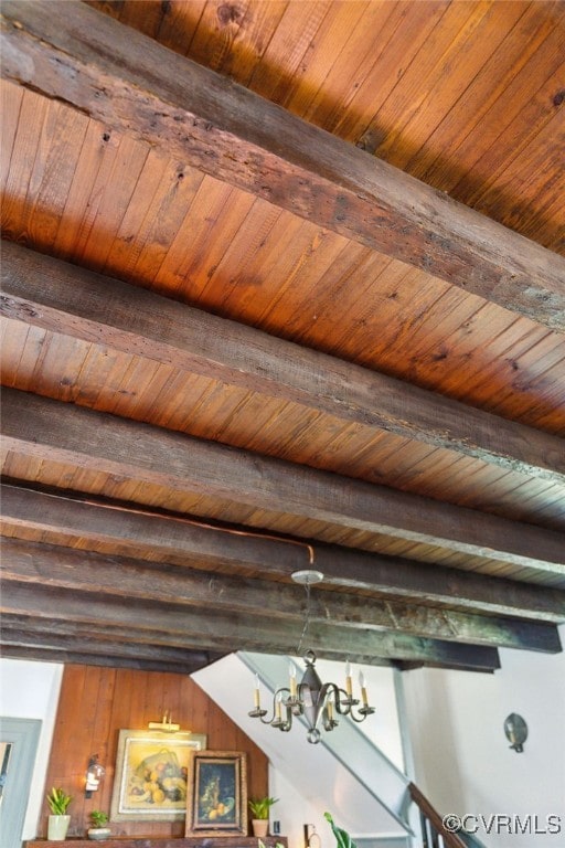 room details with a chandelier, wooden ceiling, and beamed ceiling