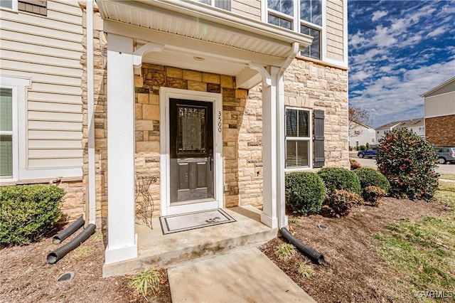 doorway to property with stone siding