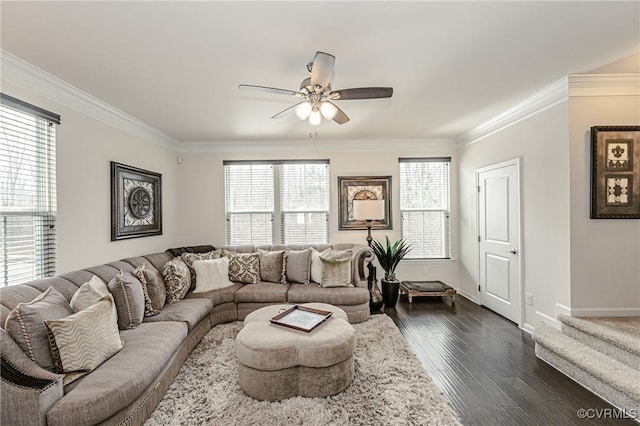 living area featuring dark wood-style flooring, crown molding, baseboards, and ceiling fan