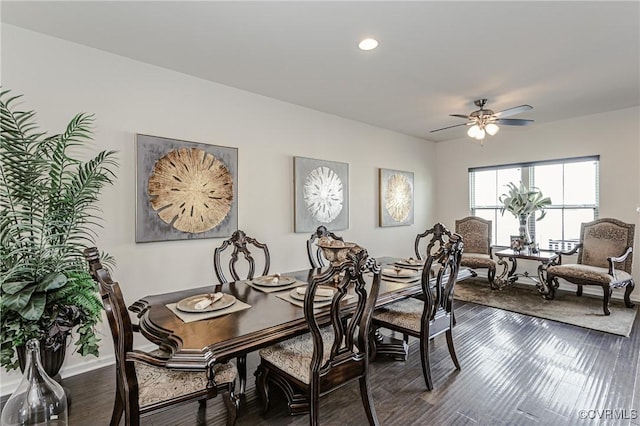 dining space featuring ceiling fan, baseboards, wood finished floors, and recessed lighting