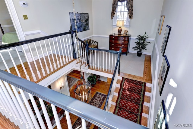 stairs featuring wood finished floors