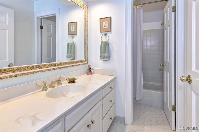 bathroom featuring shower / tub combo, vanity, and tile patterned floors