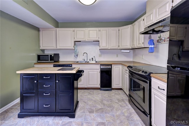 kitchen featuring stainless steel appliances, light countertops, under cabinet range hood, white cabinetry, and a sink