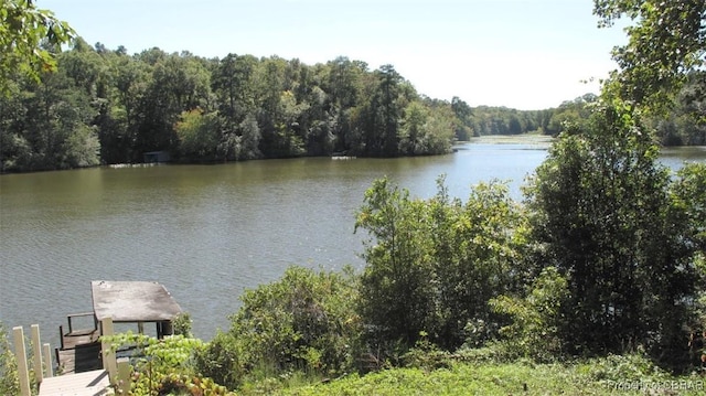 water view with a dock and a wooded view