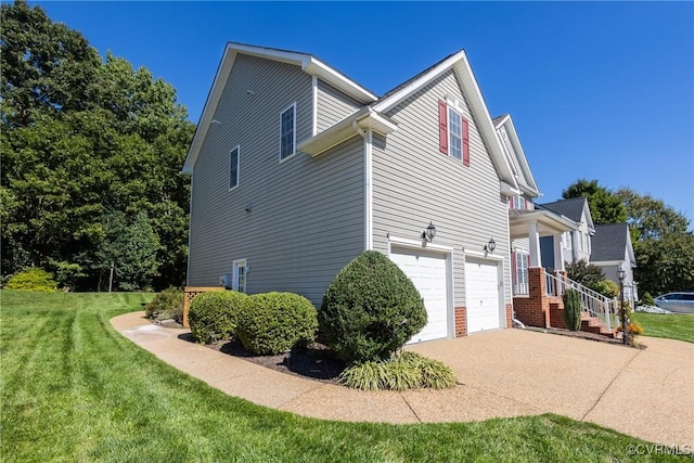 view of home's exterior featuring concrete driveway, a lawn, and an attached garage