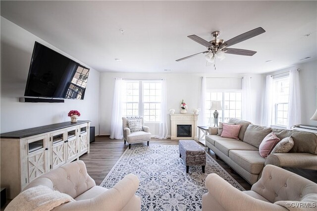 living area featuring a healthy amount of sunlight, ceiling fan, dark wood-style flooring, and a glass covered fireplace