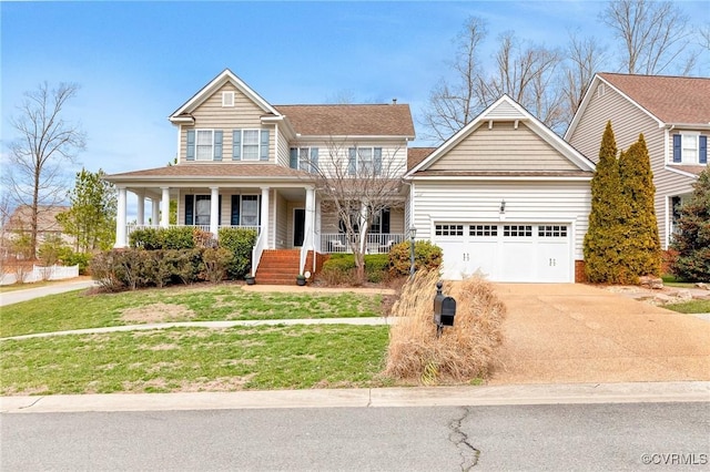 view of front of house with driveway, covered porch, an attached garage, and a front lawn