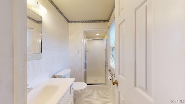 bathroom with toilet, wallpapered walls, a shower stall, and tile patterned flooring