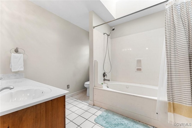 full bathroom featuring baseboards, toilet, shower / tub combo with curtain, tile patterned floors, and vanity