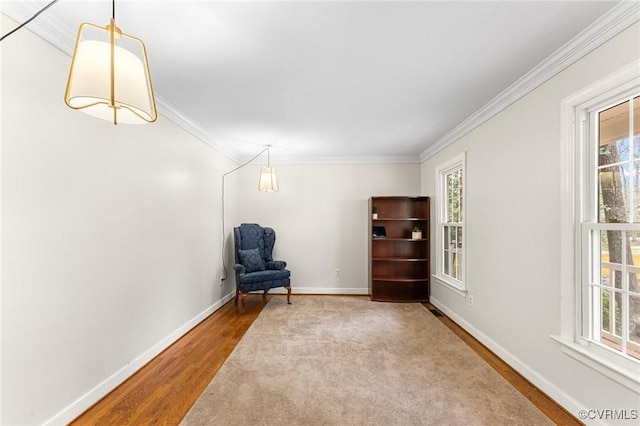 living area featuring wood finished floors, baseboards, and ornamental molding