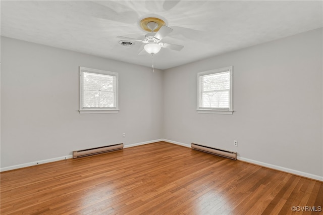 empty room featuring light wood-style floors, visible vents, and a baseboard radiator