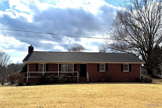 ranch-style house with crawl space, brick siding, covered porch, and a chimney