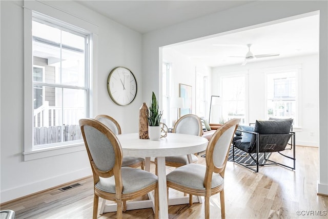 dining space with light wood finished floors, visible vents, and a wealth of natural light