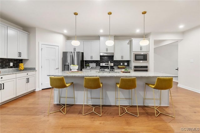 kitchen featuring a kitchen island with sink, a sink, stainless steel appliances, under cabinet range hood, and light wood-type flooring