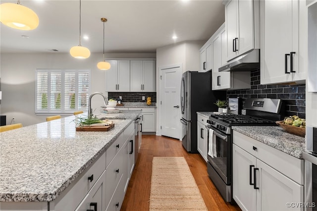 kitchen with dark wood-type flooring, an island with sink, under cabinet range hood, a sink, and stainless steel appliances