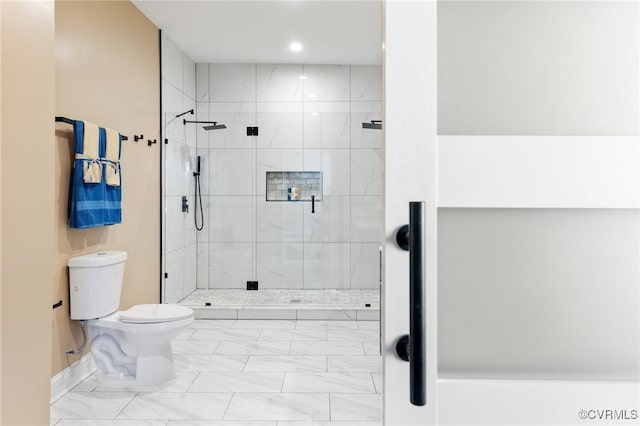 full bath with marble finish floor, a stall shower, toilet, and recessed lighting